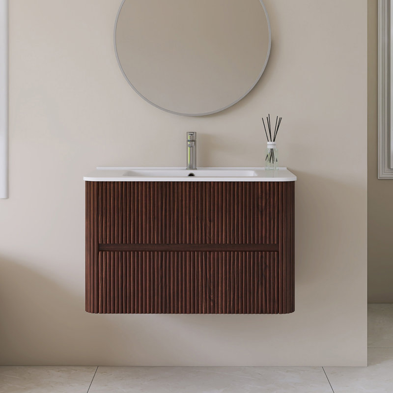30" Wall Mounted Single Bathroom Vanity In Deep Walnut With White Integrated Ceramic Top, 30"