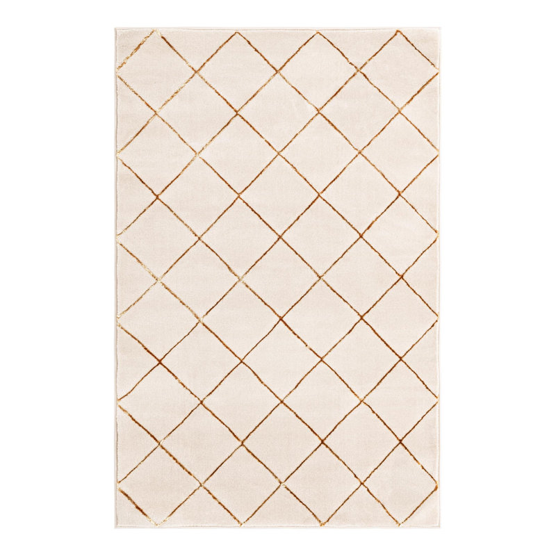 Latitude Run® Checks Nikica Rug White and Gold, Rectangle 4'1" x 6'1"