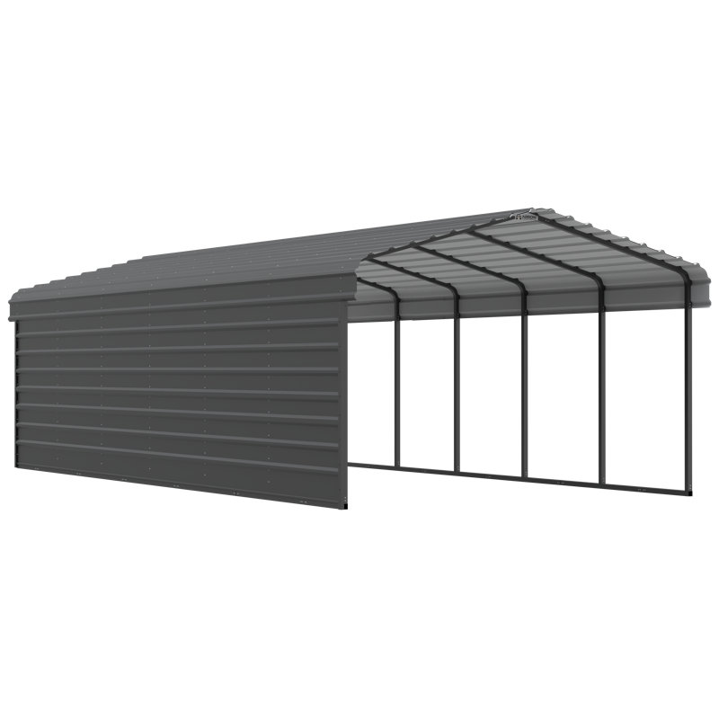 Charcoal Steel Peak Carport with Enclosure, 12 x 29 x 7 ft.