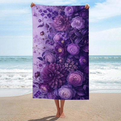 Serviette de plage surdimensionnée à motif floral violet dégradé, douce et absorbante, idéale pour la plage, la piscine, la salle de bain, les voyages, le gymnase et le camping. Dimensions : 76 x 152 cm.
