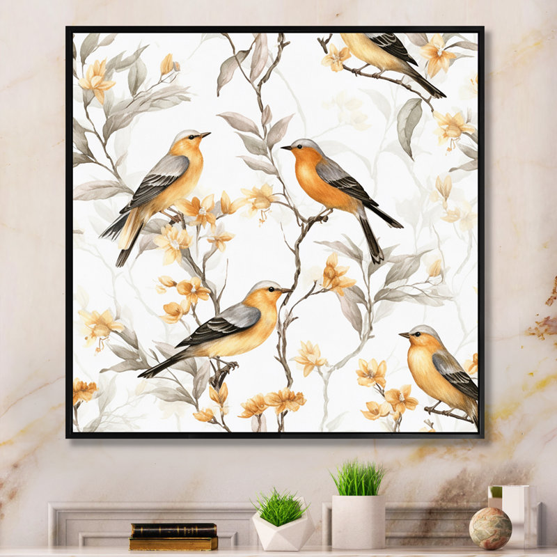 Oiseaux orange noirs sur des arbres I - impression, H 30 po x l 30 po, Encadrement doré