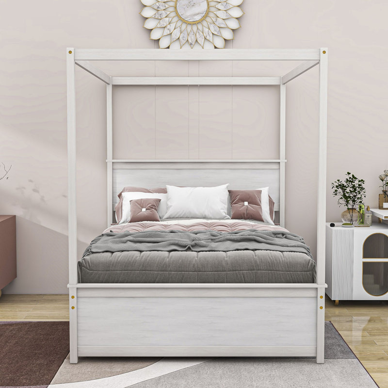 Floyed Liandra Full Size Wooden Canopy Platform Bed with Twin Size Trundle by Red Barrel Studio, White
