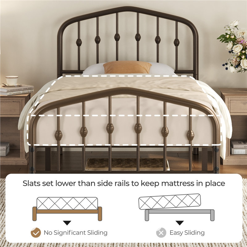 Metal Bed with Arched Headboard and Footboard, Single (3'), Bronze