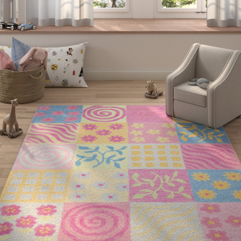 Tapis jaune / rose / bleu / gris / vert Claro, Rectangle 8 pi x 10 pi