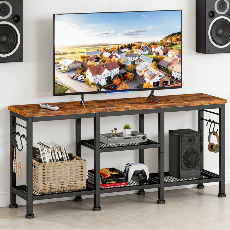 TV Stand For Up To 55 Inch Tvs, Entertainment Center With Open Shelves, Soundbar Shelf, Rustic Brown