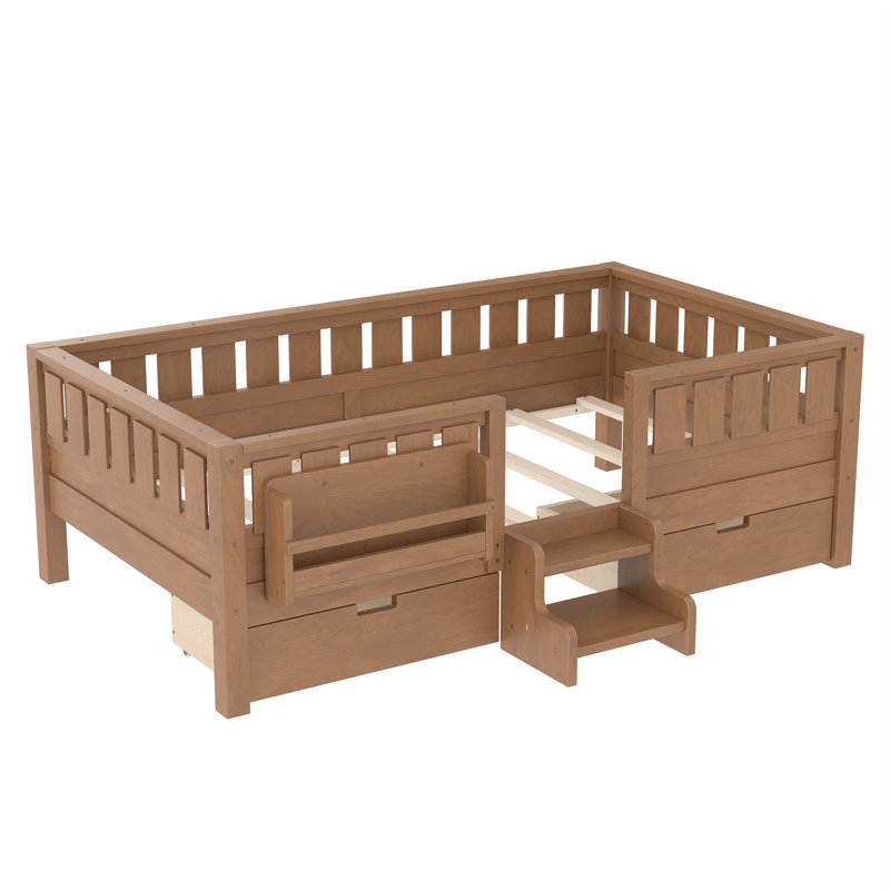 Twin Kids Floor Bed with Stairs, Rails and Slats,Twin Size Montessori Floor Bed with Bookshelf and 2 Storage Drawers,Easy Assemble Montessori Beds Frame,Natural
