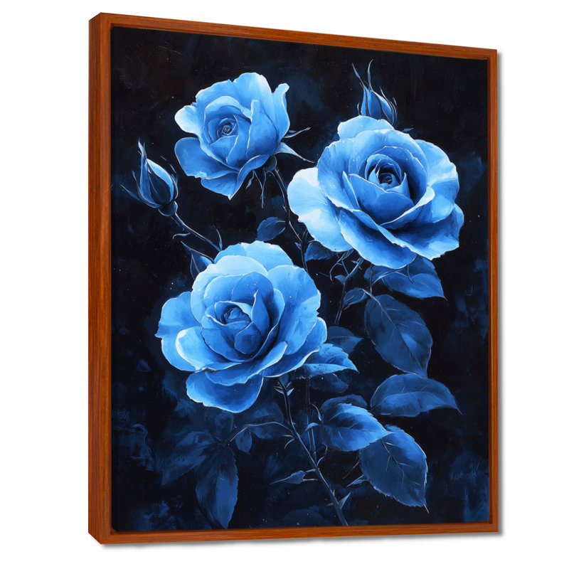 «Dark Aqua Roses Elegance At Night I», art mural sur toile Roses, H 20 po x l 12 po, Reproduction avec cadre flottant, Brun