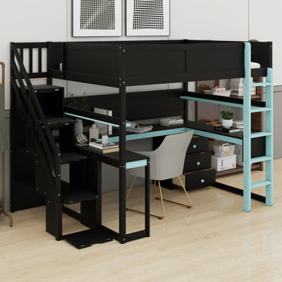 Lit mezzanine innovant avec bureau, tablettes, panneau perforé et escalier de rangement