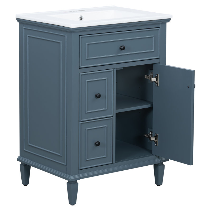 24" Blue Gray Bathroom Vanity With Sink, Cabinet With Flip Drawer And Two Drawers, Adjustable Shelf, Solid Wood And MDF | Gift Idea