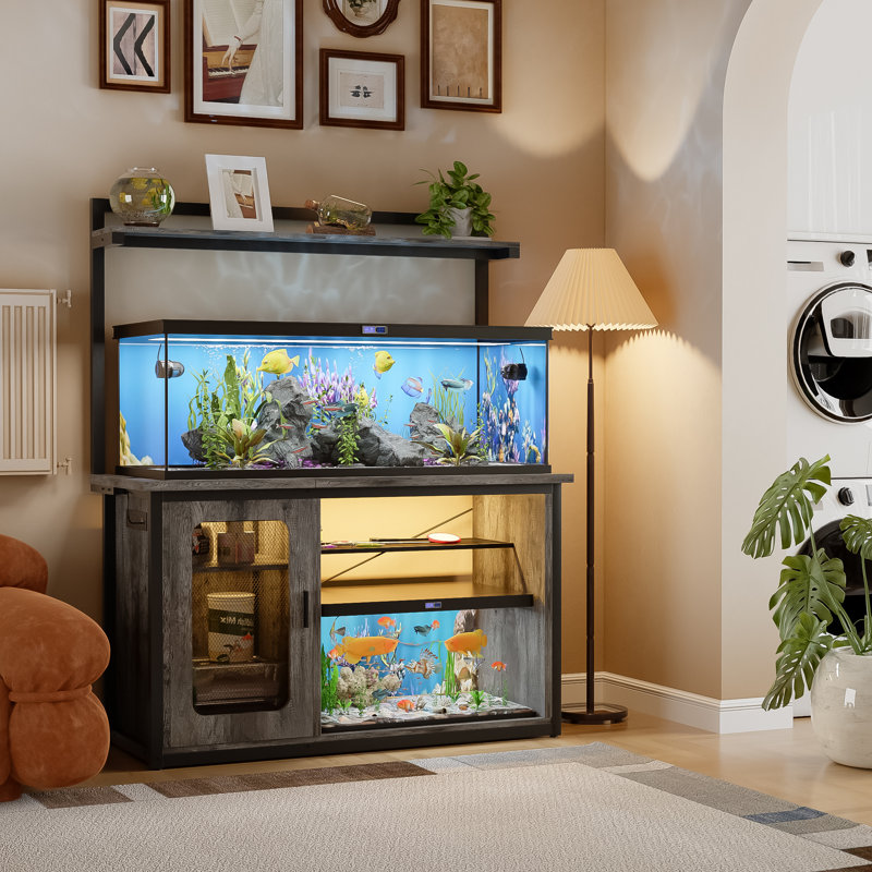 Support pour aquarium réversible 55-75 gallons avec armoire et tablette, Gris