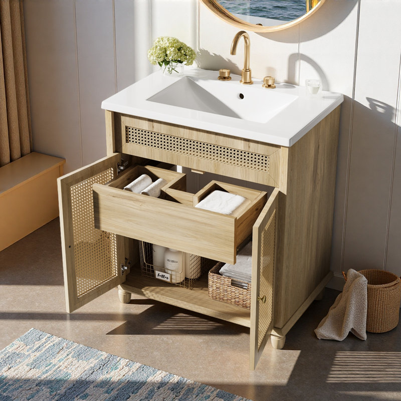 Meuble-lavabo de 30 pouces: portes en rotin tissé à la main, pieds en bois massif