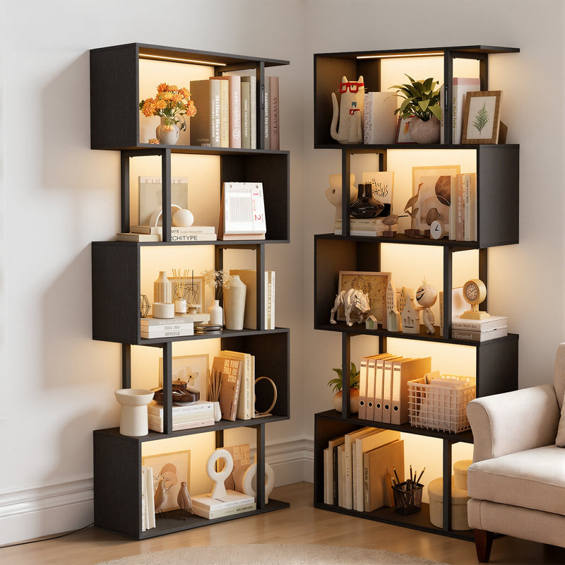 6-Tier Geometric Bookcase with Lighting, Black