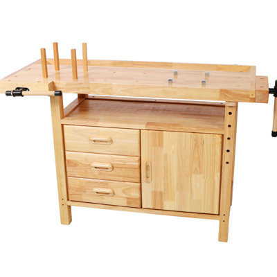 Établi professionnel 50 po au fini naturel. 3 tiroirs, 1 porte d'armoire, convient à la fabrication de bijoux et à l'artisanat de bricolage. Étagère ouverte, bois d'hévéa