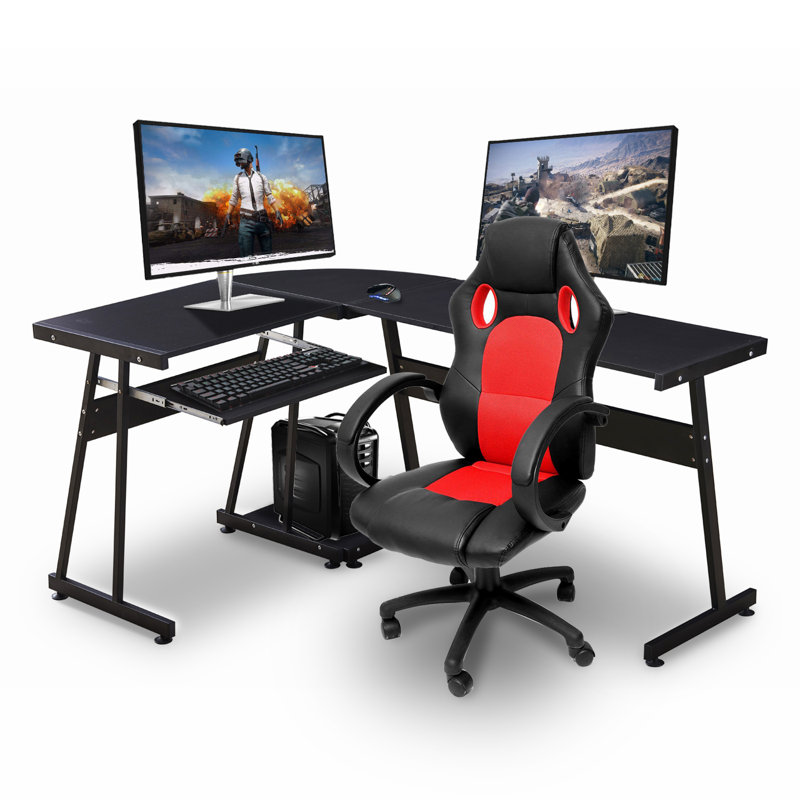 Bureau d'ordinateur de coin en L réversible Home Office avec plateau pour clavier et support pour unité centrale, Noir