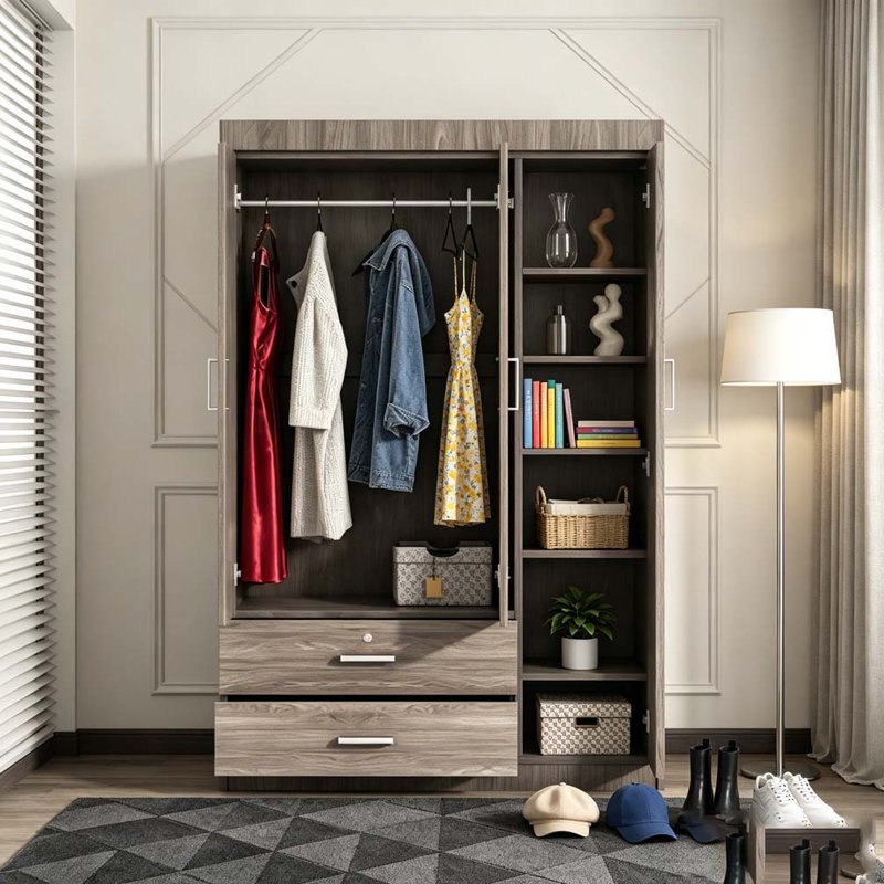 Armoire 3 portes avec 2 tiroirs, Gris