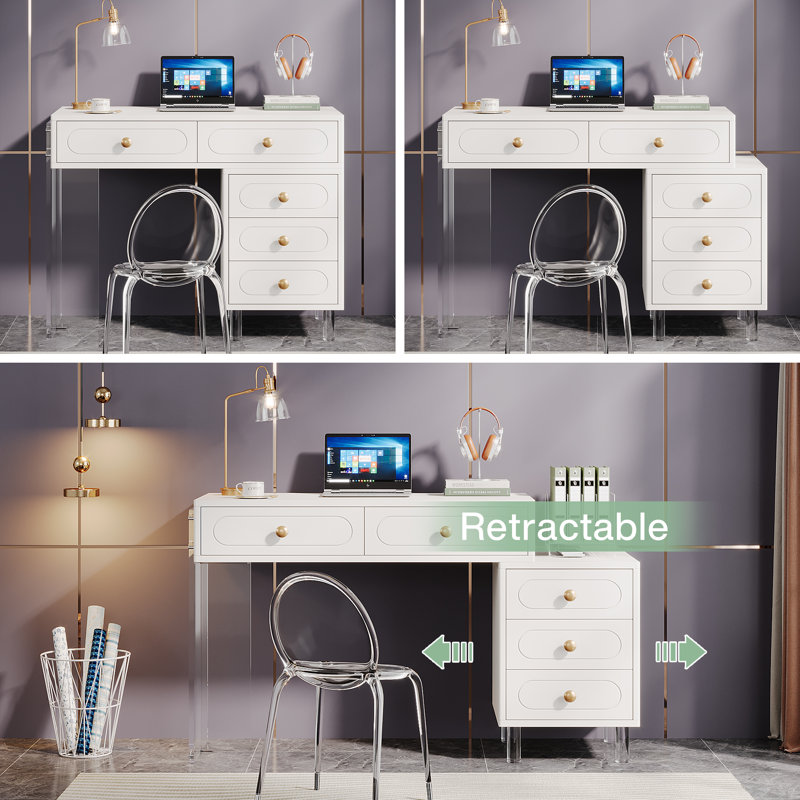 Kevonne Retractable Rectangle Computer Desk with 5 Drawers