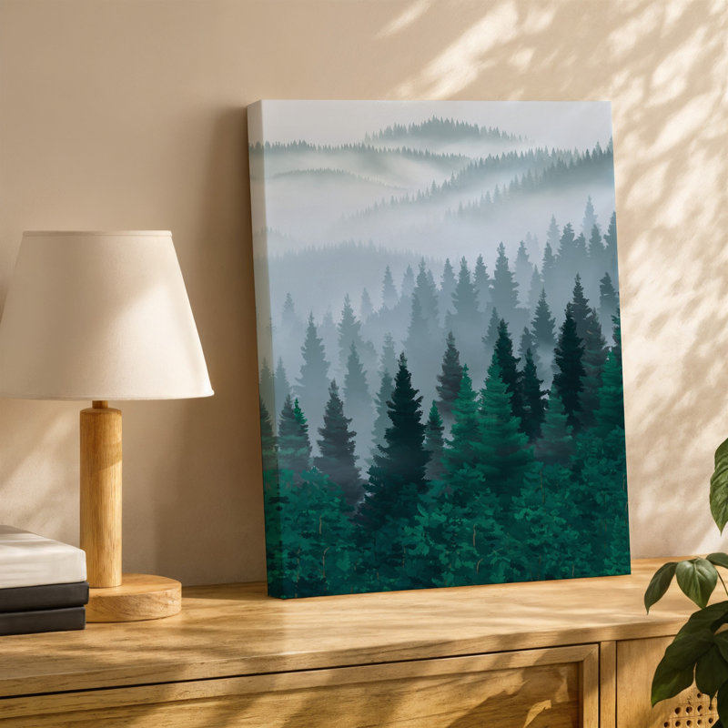 Toile, paysage serein de forêt enveloppé dans un brouillard éthéré doux, mettant en vedette un ensemble dense d'arbres à feuilles persistantes dans des tons variables