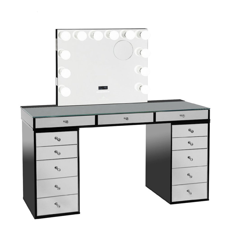 SlayStation Pro 2.0 Makeup Desk with Vanity Mirror, Lighted Makeup Vanity with 5 Drawers Unit, Pro Black