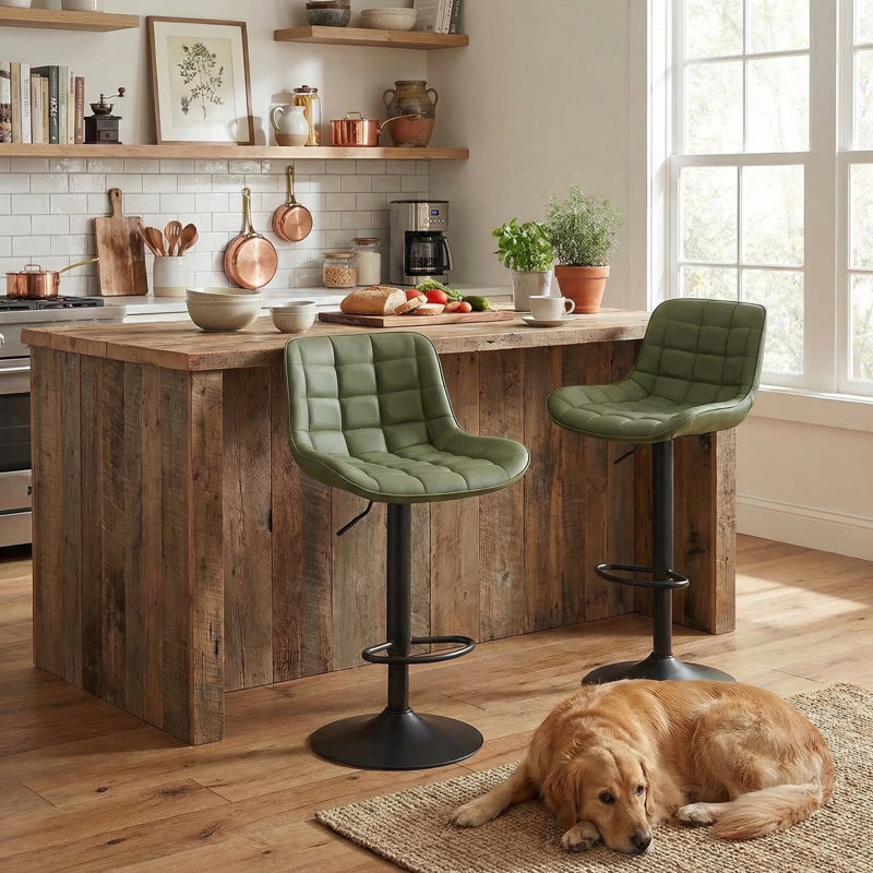 Swivel Upholstered Adjustable Height Counter Stool with Metal Frame, Bean Green Faux Leather/Black Frame