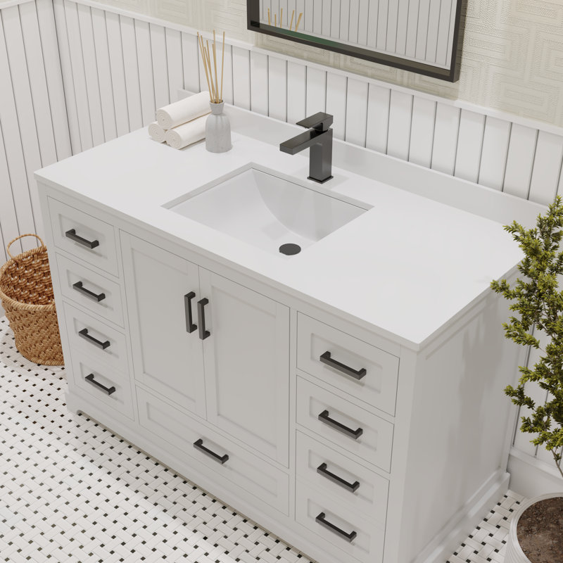 Ensemble de meuble-lavabo 48 po avec comptoir en quartz Ayna Decors Maya | Lavabo en céramique | 2 portes à fermeture douce | 7 tiroirs pleine extension à fermeture en douceur