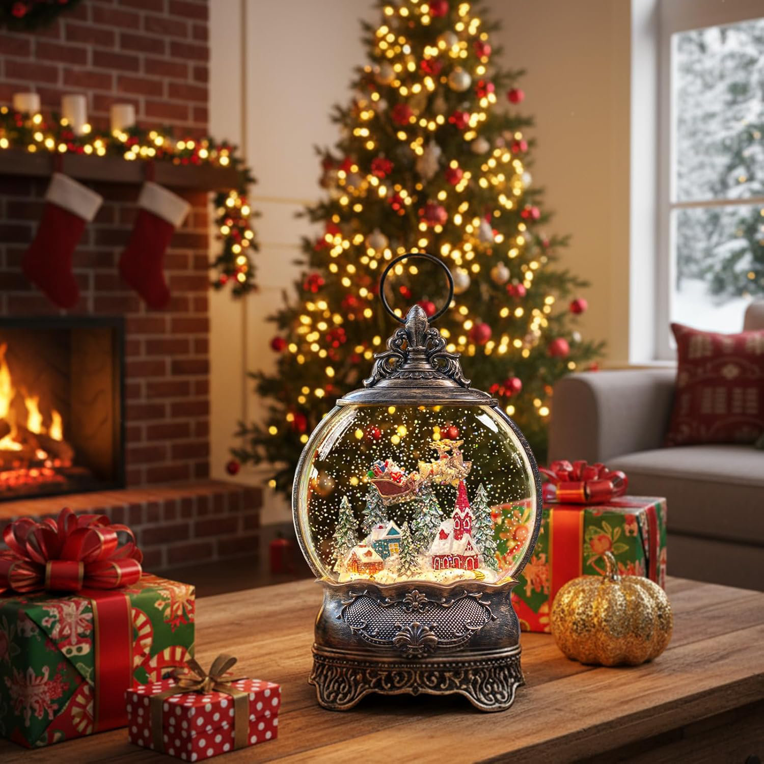 The Holiday Aisle® Lighted Musical Santa Flying Reindeer Snow Globe ...