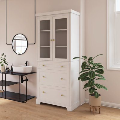 Modern Freestanding Tall Bathroom Cabinet With Adjustable Shelves And Soft Close Glass Doors