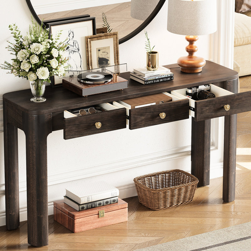 Console rustique colorée, coins arrondis, 3 tiroirs de rangement pratiques, structure robuste, style rétro pour entrée, couloir ou salon, plateau supportant 68 kg, grand tiroir de 63,5 cm, petit tiroir de 51 cm.