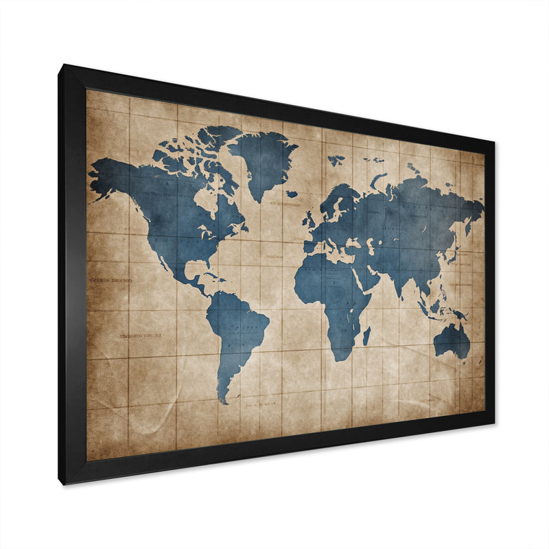 Ancienne carte du monde II - Impressions encadrées carte du monde, Cadre simple noir, H 16 po x l 32 po x P 1 po