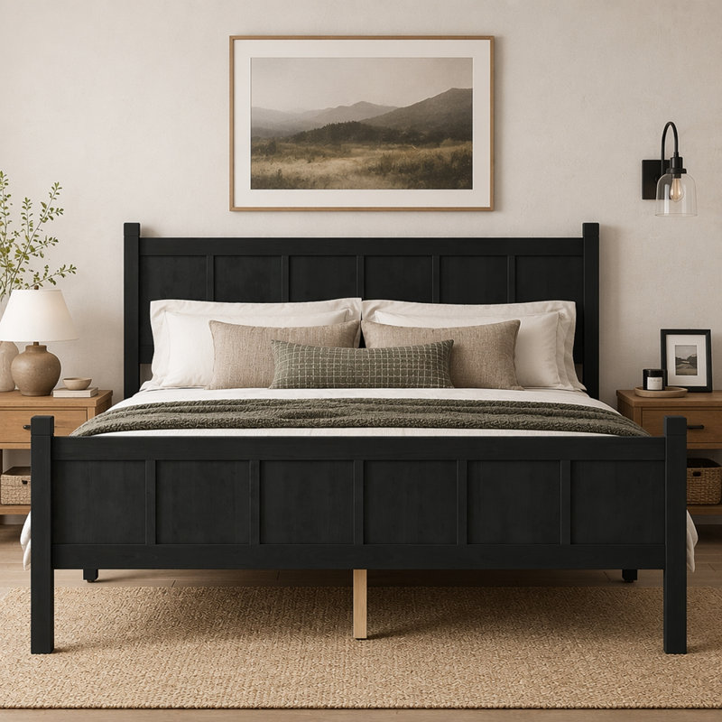Lit plateforme en bois avec tête et pied de lit, Noir, Grand lit