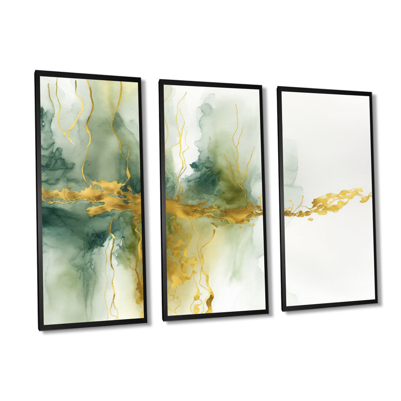 «Awakenings In French Moss VI», ensemble d'art mural sur toile à encre liquide abstraite, Toile avec cadre flottant noir