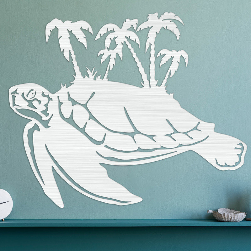 Art mural abstrait de tortues avec palmiers sur le dessus - ACM, H 26,1 po x l 32 po x P 0,25 po, Argent