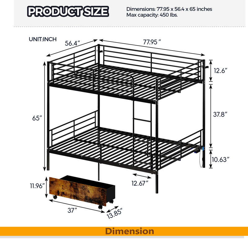 Bunk Bed With USB Charging Station, Able To Split, Metal Bunk Bed, Storage Space, Bed With Safety Guardrail & Ladders, No Box Spring Needed
