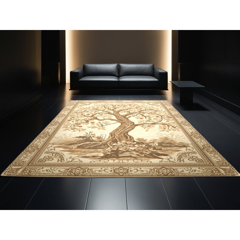 Machine Washable Parnika Tree Of Knowledge Classic Oriental Rug in Beige – Beige Binding, 8x10