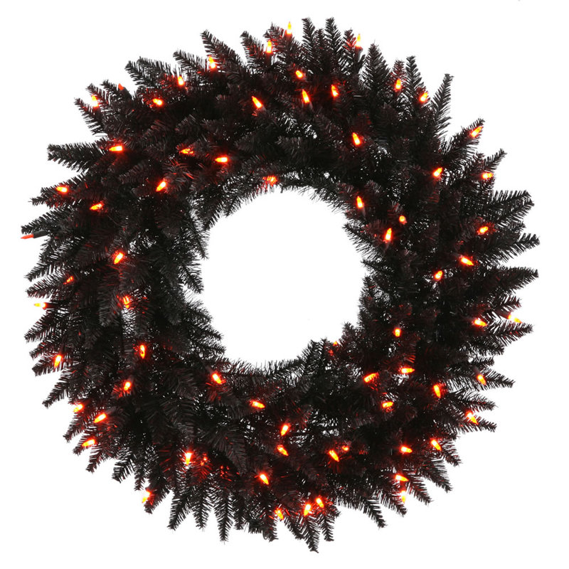 Couronne de sapin artificielle en PVC, H 36 po x l 36 po x P 5 po, Noir avec lumières orange, Oui