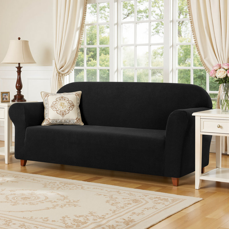 Housse de canapé 1 pièce en jacquard extensible, housses de canapé en spandex de polyester, housse de protection pour meubles de salon universelle pour animaux de compagnie lavables à la machine, housses de canapé antidérapantes pour canapé à 2 coussins (causeuse, noir)