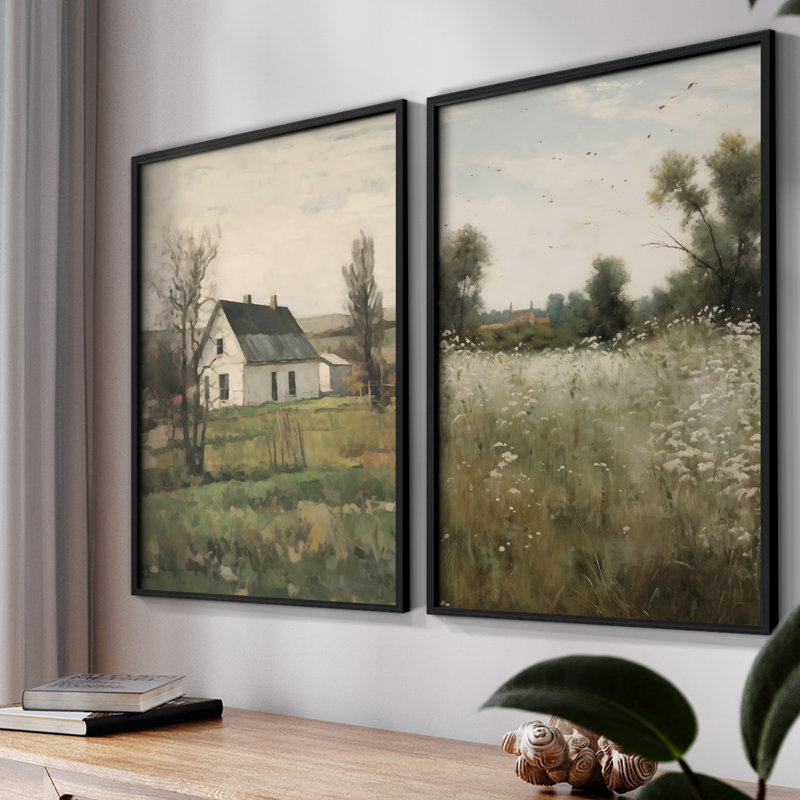 Vintage  Landscape IX  -Framed Giclee Print - Set of 2, 9" H x 22" W, Black