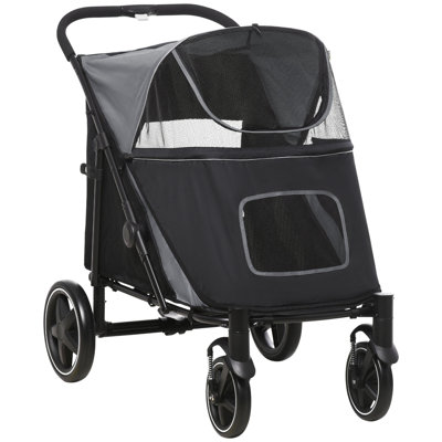 Foldable Dog Stroller For Medium And Large Dogs, Pet Stroller With Storage, Shock Absorption, Mesh Window, Safety Leash, Grey