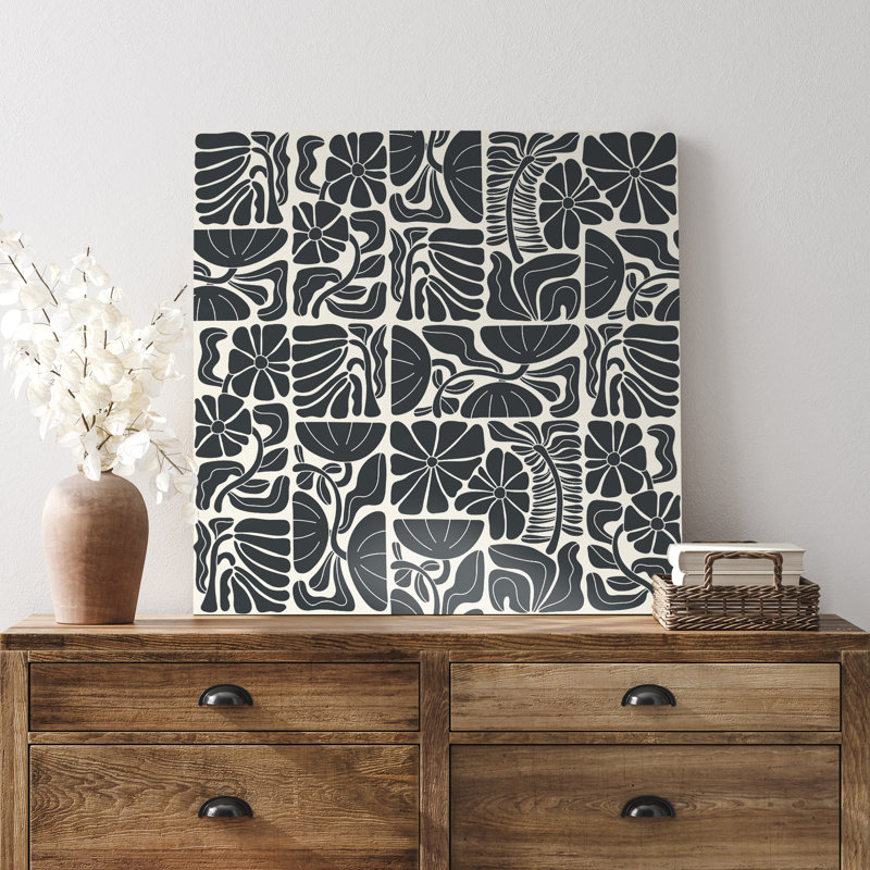 Abstarct botanique noir et beige, H 12 po x l 12 po, Toile tendue