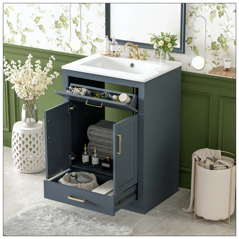 Meuble-lavabo simple encastré en céramique 2 portes avec tiroir basculant, Bleu
