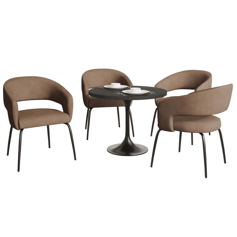 Halesworth 5-Piece Dining Set With 36" Round Dining Table In Black MDF Top And 4 Upholstered Dining Chairs, Brown