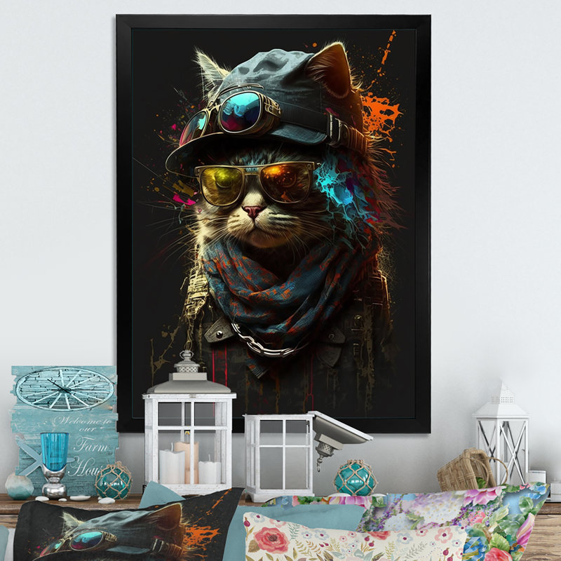 Art mural sur toile Cool Cat avec lunettes de soleil et chapeau IV, Impression noire sur toile encadrée