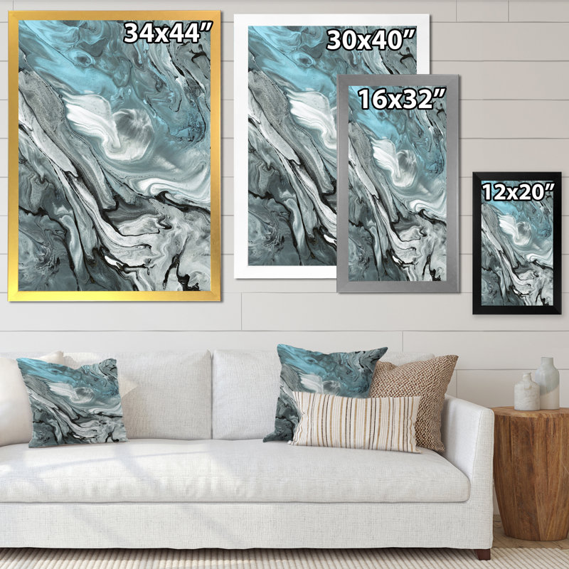 Marbre noir et bleu abstrait I - peinture sur toile, H 33,5 po x l 17,5 po, Cadre blanc
