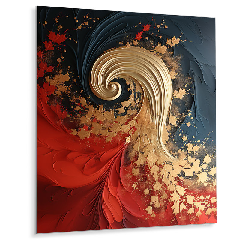 Rouge et or marbre volcan III - art mural abstrait en métal, H 20 po x l 12 po x P 1 po