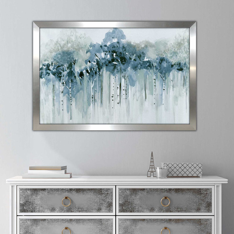«Blue Birch Morning» par - Peinture, Encadrement argenté, H 21,5 po x l 27,5 po x P 0,75 po