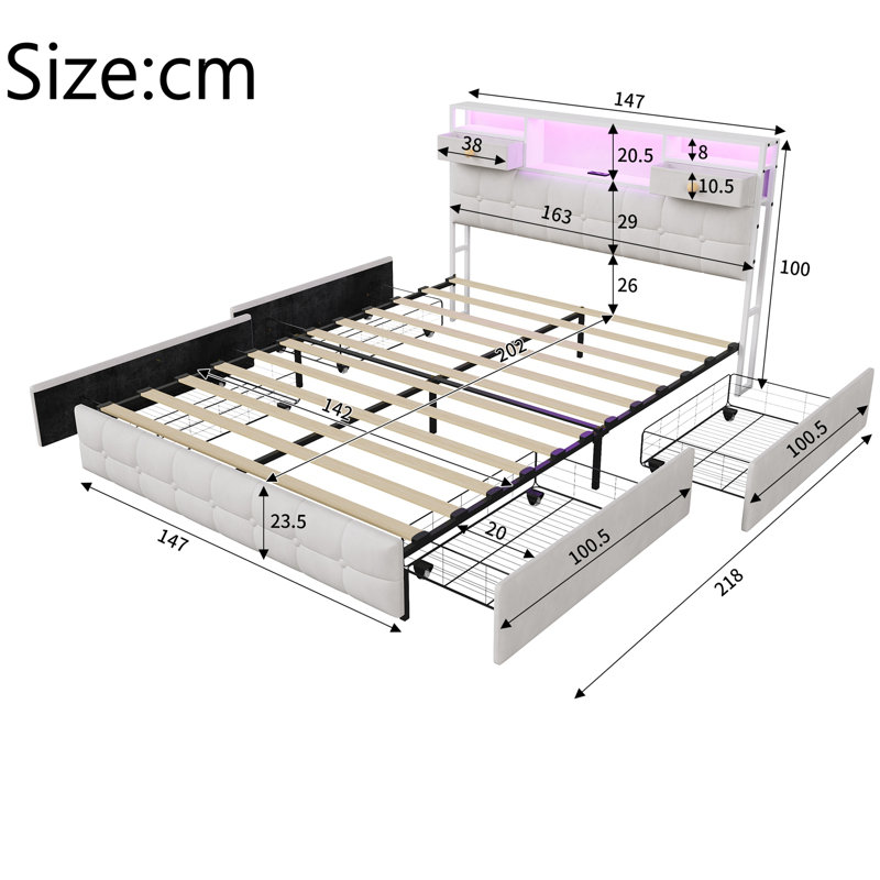 Storage Bed, European Double (140 x 200 cm), Beige