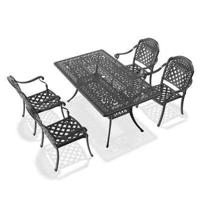 Mobilier de patio en fonte d'aluminium avec 4 coussins - 5, noir, corrosion, table rectangulaire, extérieur en noir antirouille, coussins d'eau, empilable pour le jardin