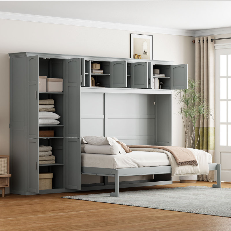 Grand lit escamotable mural gris avec armoires encastrées, lit plateforme pliable peu encombrant