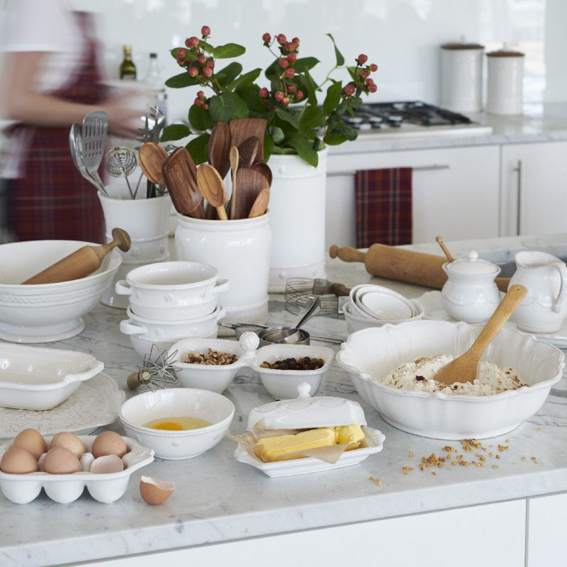 Whitewash Ceramic Embossed Utensil Holder with French Detailing