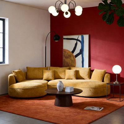 Curved Boucle Sectional Sofa in Warm Yellow, Modern Sculptural Couch with Deep Lounge Seating, Artistic Modular Sofa for Living Room