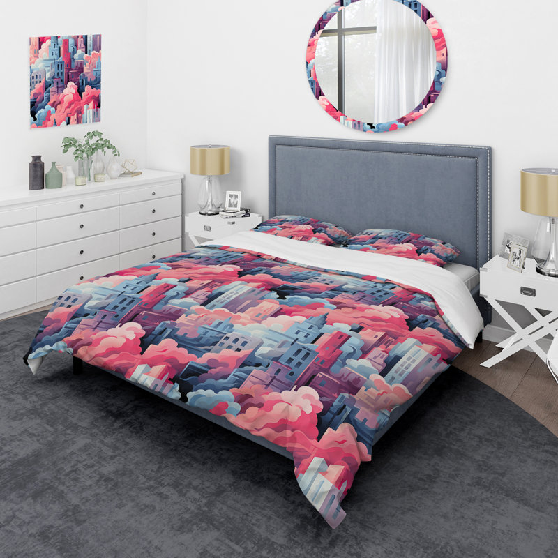 Literie à motif de paysage urbain bleu et rose, Housse de couette pour grand lit et 2 taies décor